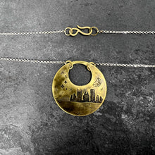 Load image into Gallery viewer, Pierogie Moon Over Pittsburgh Etched Brass and Sterling Silver Necklace
