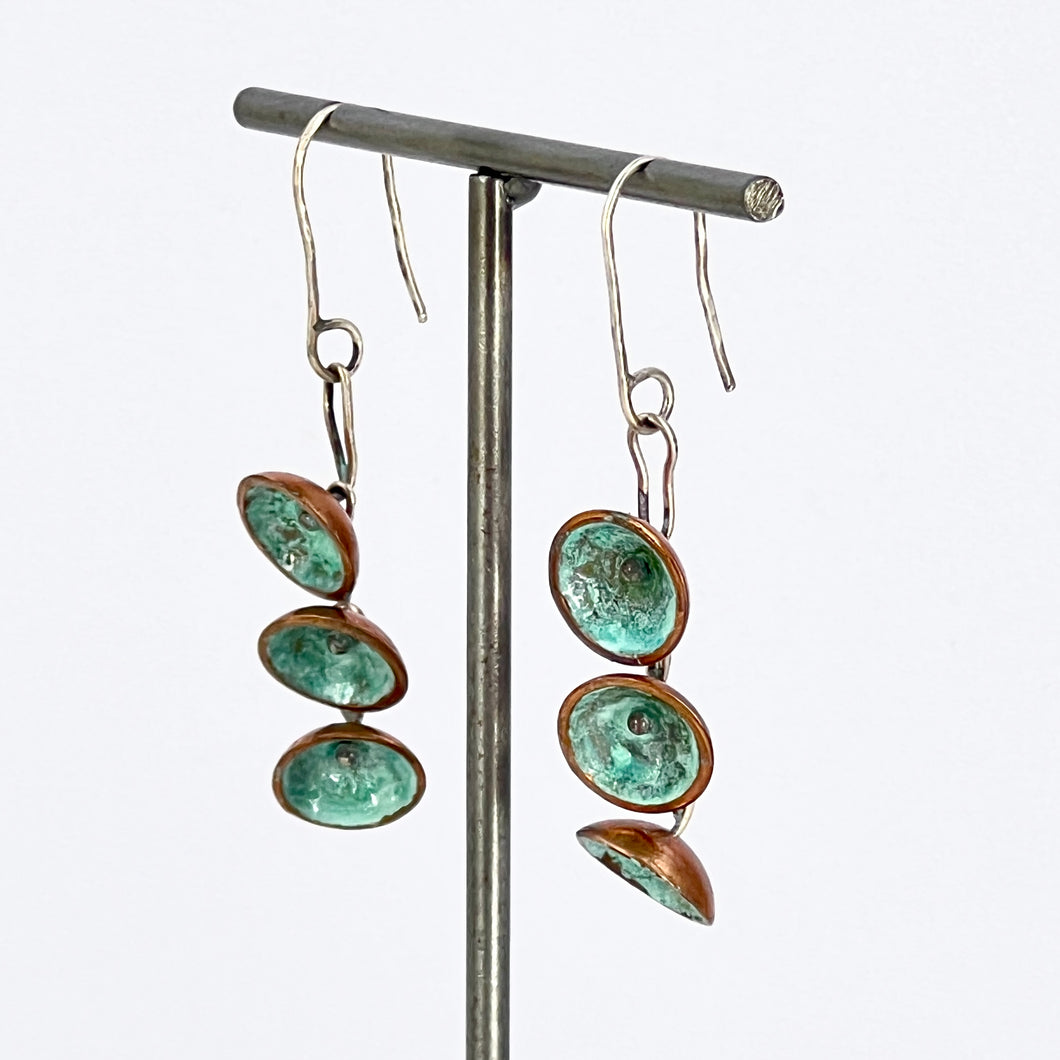 Triple Threaded Copper and Sterling Silver Green Patina earrings