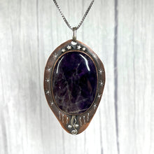 Load image into Gallery viewer, Large Amethyst Talisman set in copper with sterling silver accents
