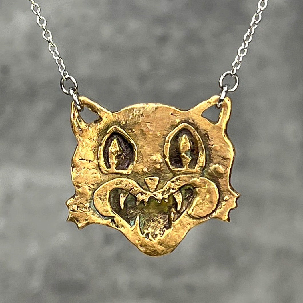 Large Bronze 'Gato Maldito' Necklace on adjustable Stainless Steel Chain