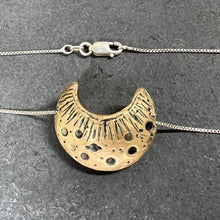 Load image into Gallery viewer, Brass Crescent Moon - Textured Moon Charm on Sterling silver chain
