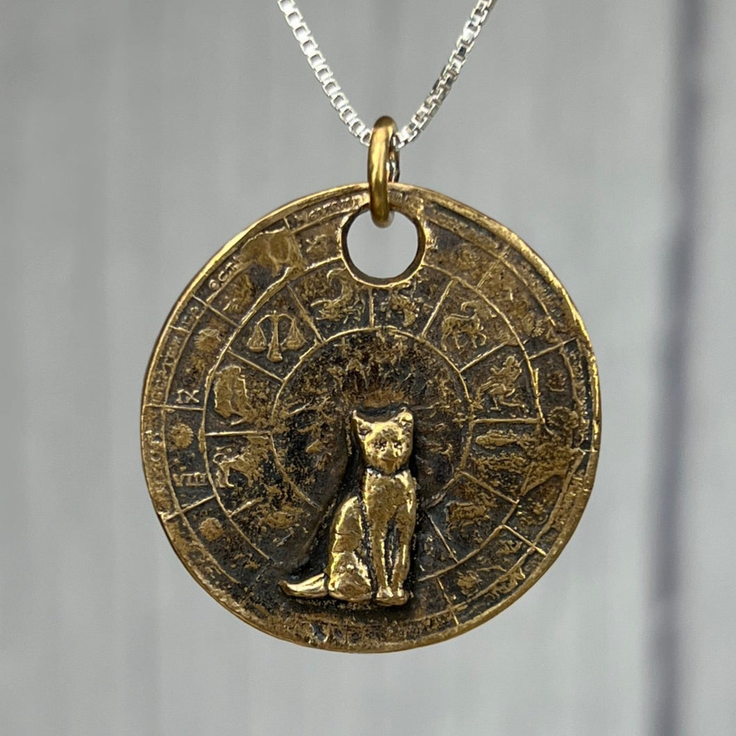 Large Bronze Zodiac Cat Necklace - bronze and silver